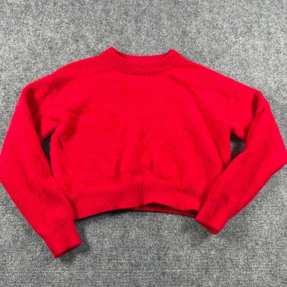 Marine Layer Sweater Women XS Red Fuzzy Cropped Merino Wool Cotton Knit Pullover